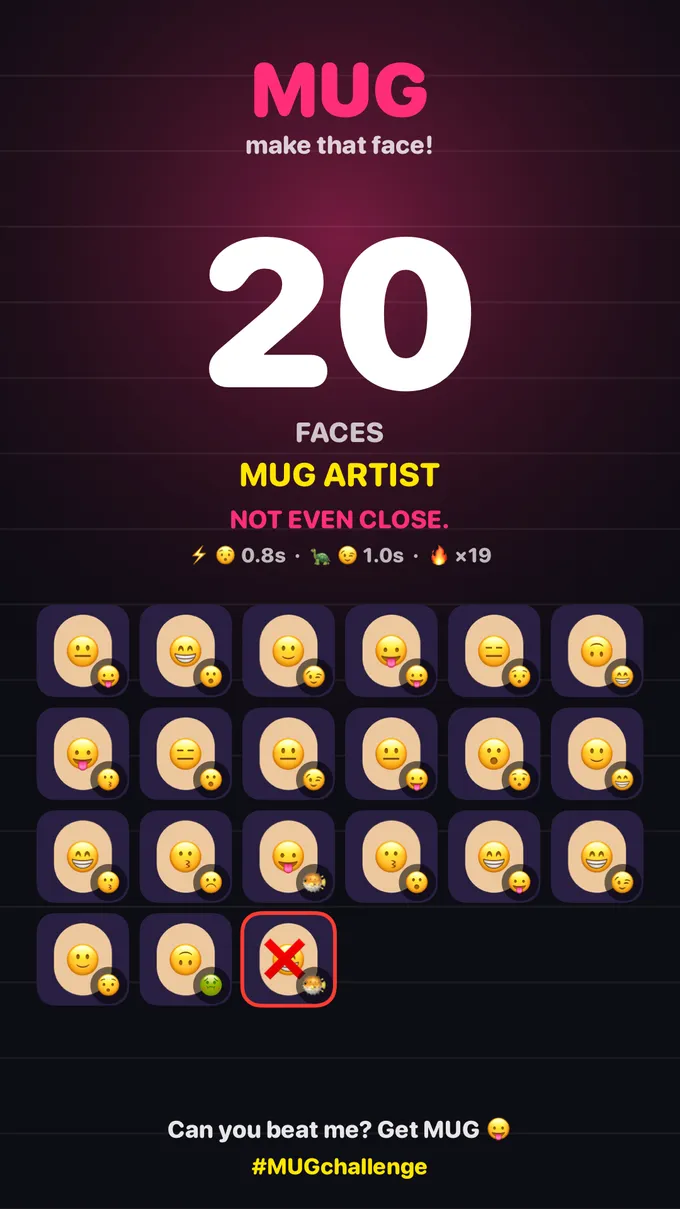 The solo mugshot card the app renders: 20 faces, rank Mug Artist, the last tile crossed out